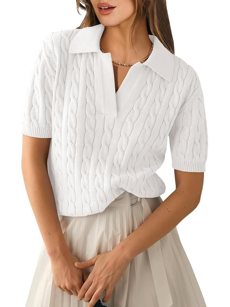 ANRABESS Women's Short Sleeve Sweaters Tops Polo V Neck Cable Knit Casual Soft Pullover Shirts 20... | Amazon (US)