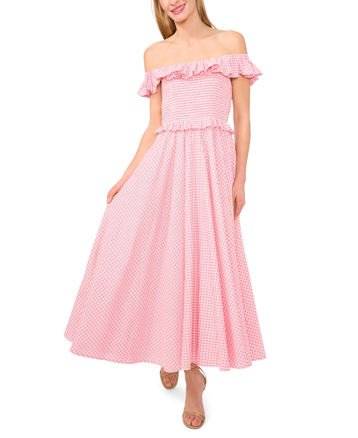 CeCe Women's Off-the-Shoulder Gingham Maxi Dress - Confetti Pink | Macy's