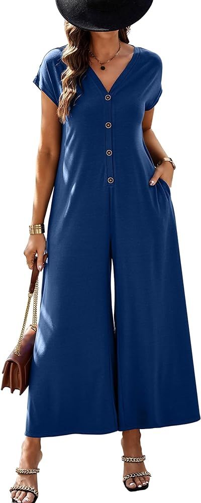 ECOWISH Women Long Pants Jumpsuit: Casual Short Sleeve V Neck Wide Leg Rompers Summer Loose Butto... | Amazon (US)