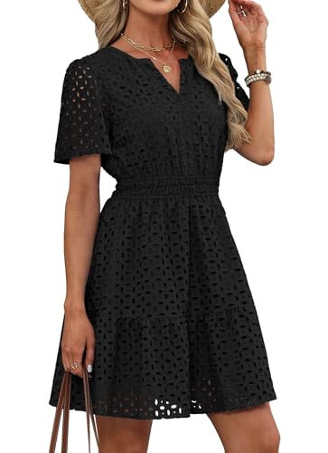 RUMIA Summer Dresses for Women 2026 V Neck Eyelet A Line Spring Casual Dress Black Medium | Amazon (US)