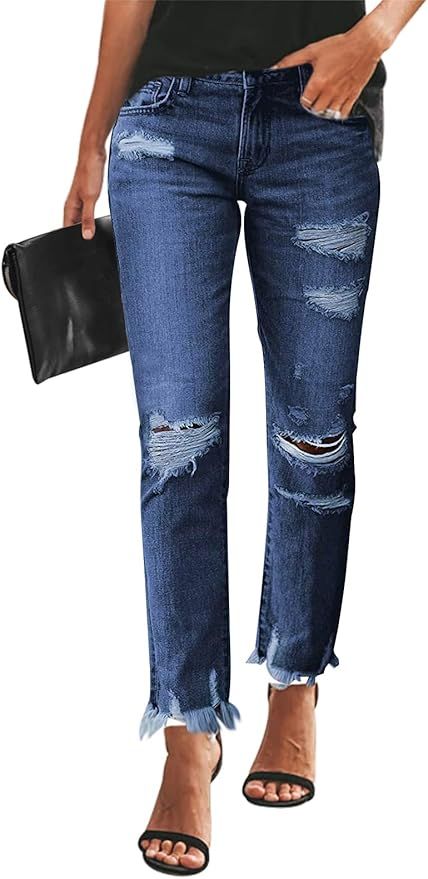 KUNMI Women's Ripped Skinny Slim Fit Jeans Frayed Distressed Stretchy Denim Pants | Amazon (US)