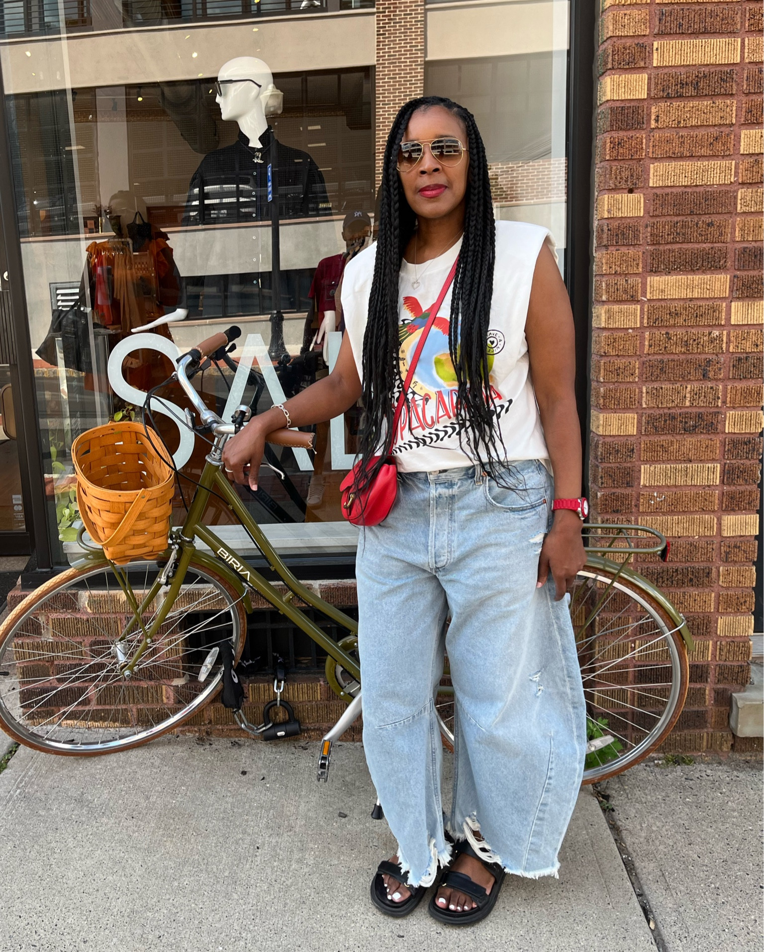 Citizen for humanity horseshoe jeans wide leg barrel jeans farm rio sleeveless shirt dad sandals red leather crossbody rayban shades fenty red lipstick  #jeans #farmrio #beauty #

#LTKstyletip #LTKFind #LTKsalealert