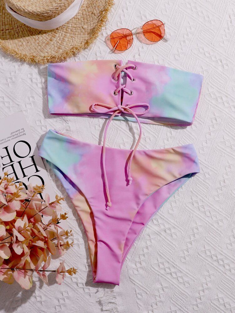 Tie Dye Lace-up Bandeau Bikini Swimsuit | SHEIN