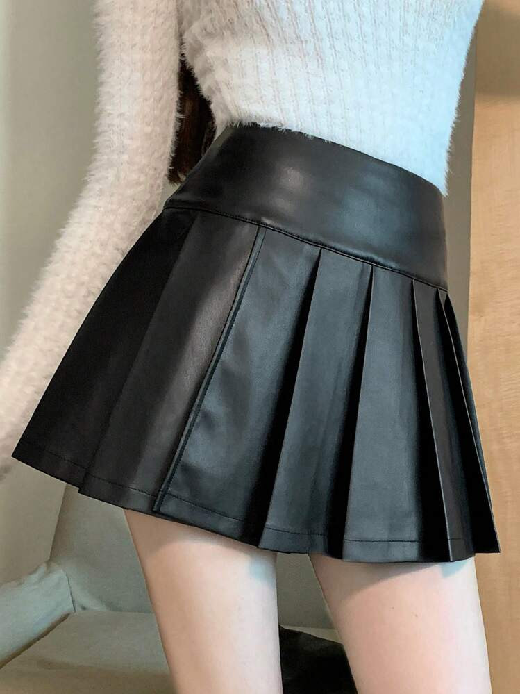 DAZY Women Casual Versatile Solid Color Pleated PU Mid-Length Skirt Fall Skirts | SHEIN