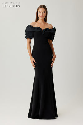 Crepe Taffeta Off Shoulder Ruched Bodice Gown | TERI JON