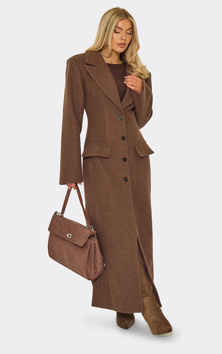 Long Sleeve Cinched Waist Blazer Wool Look Maxi Coat In Chocolate Brown | EGO (UK)