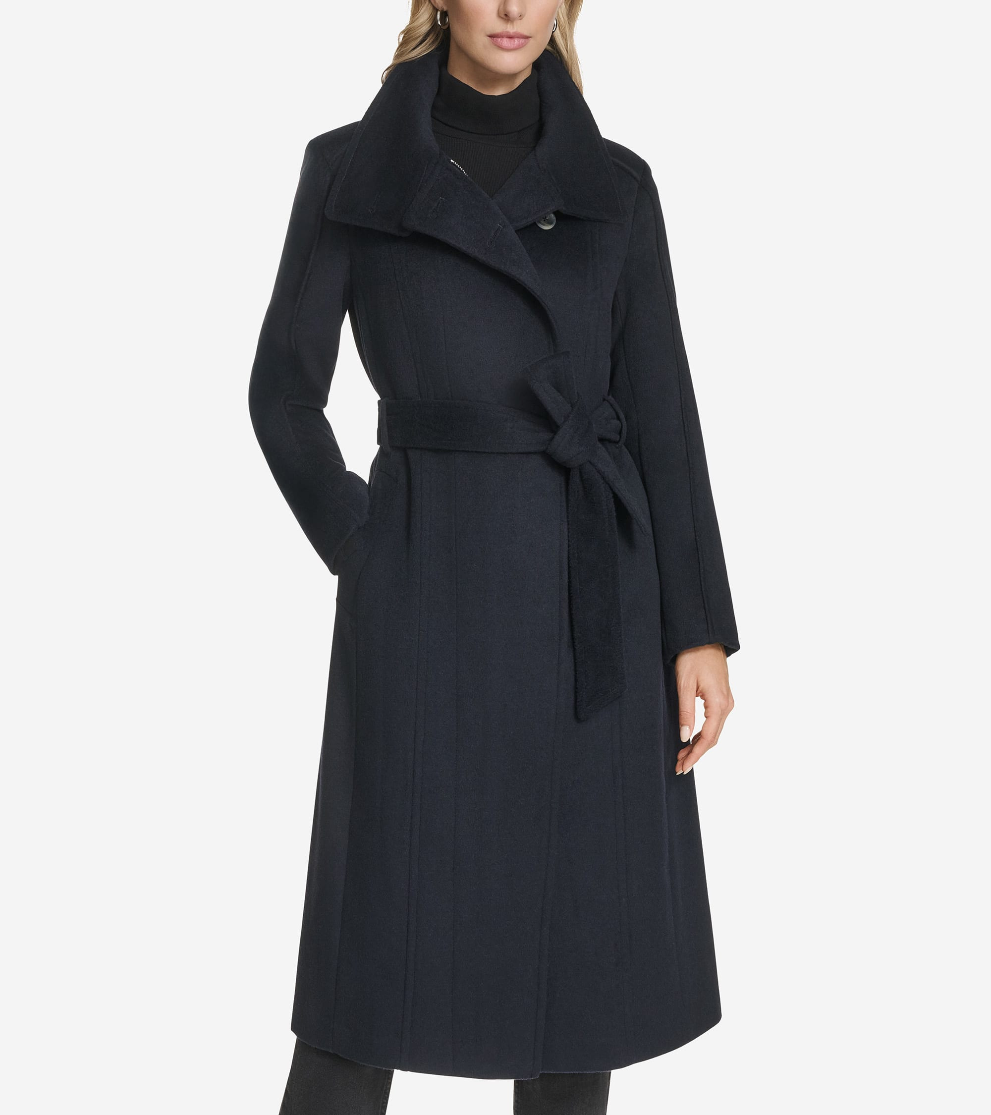Women's Slick Wool Belted Coat in Dark Blue | Cole Haan | Cole Haan (US)