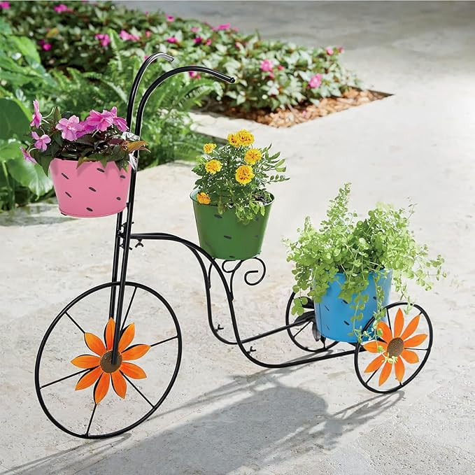 BAYN Bicycle Planter Stand, Metal Flower Pot Cart Holder with 3 Plant Bucket Outdoor Decorative f... | Amazon (US)