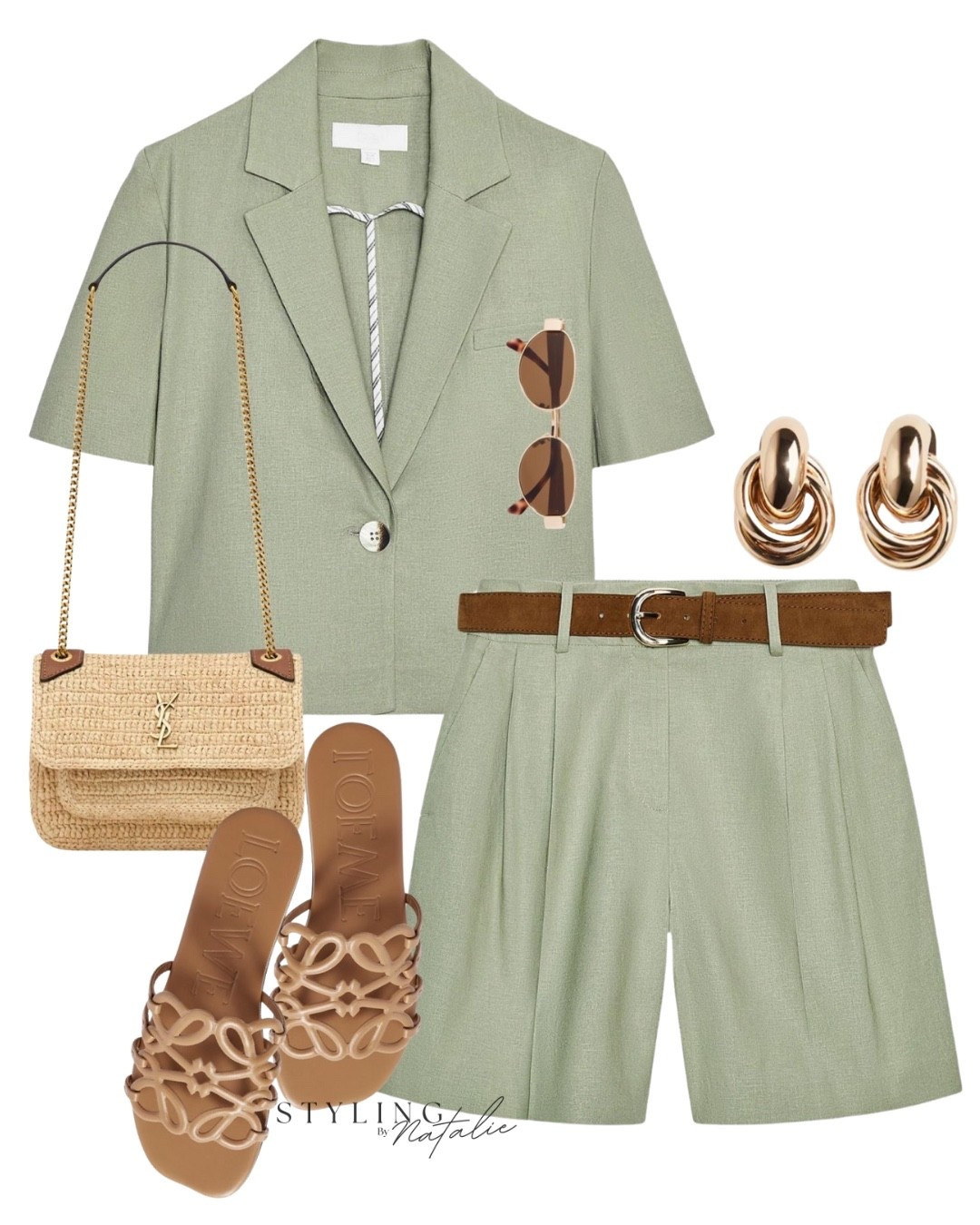 Green linen shirt sleeve blazer and matching linen belted Bermuda shorts, Loewe petals slide sandals, Saint Laurent raffia bag, gold earrings & celine sunglasses. Co-ord set, summer outfit, holiday, vacation outfit, linen set, sage green, Zara

#LTKuk #LTKsummer #LTKstyletip