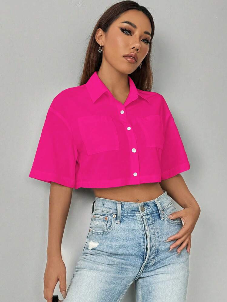 Chiquease Drop Shoulder Pocket Patched Crop Shirt,Short Sleeve Tops | SHEIN