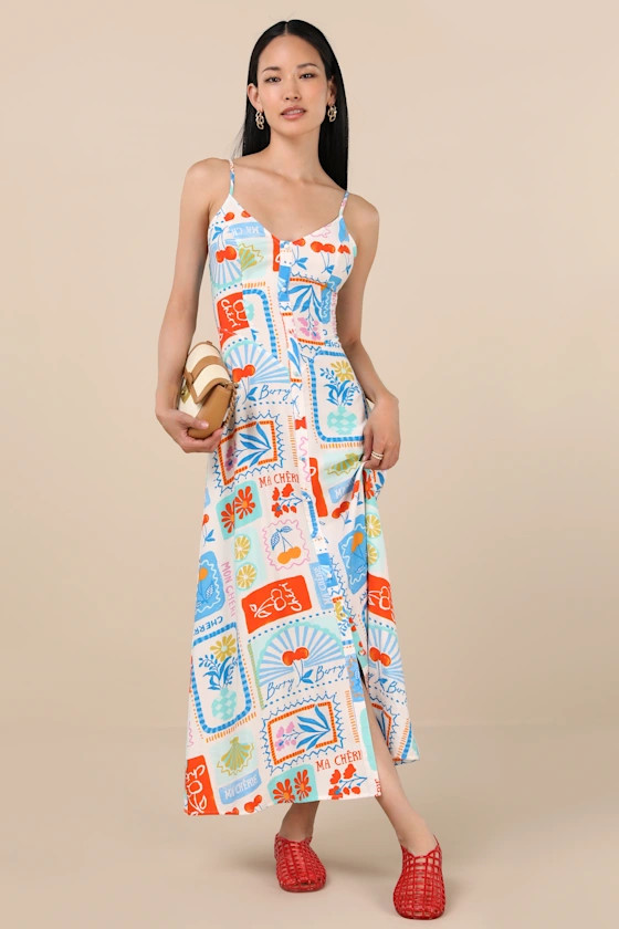 Sanya Ivory Multi Print Button-Front Sleeveless Midi Dress | Lulus