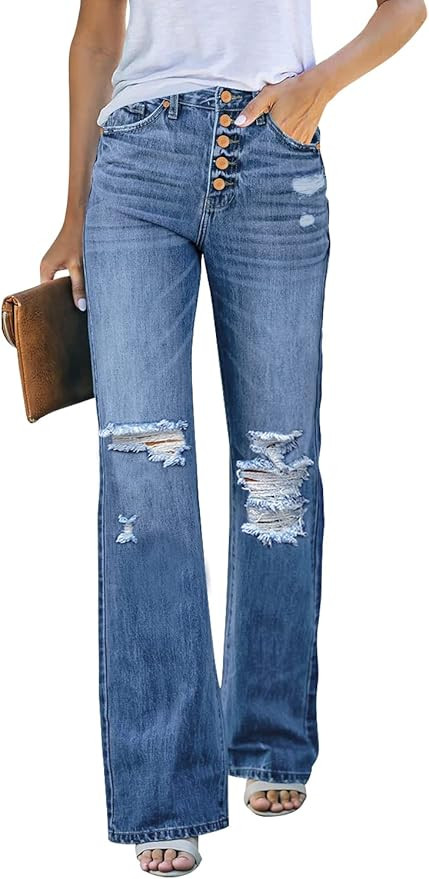 LookbookStore High Waisted Ripped Flare Jeans for Women Distressed Bell Bottom Jeans Wide Leg Pan... | Amazon (US)