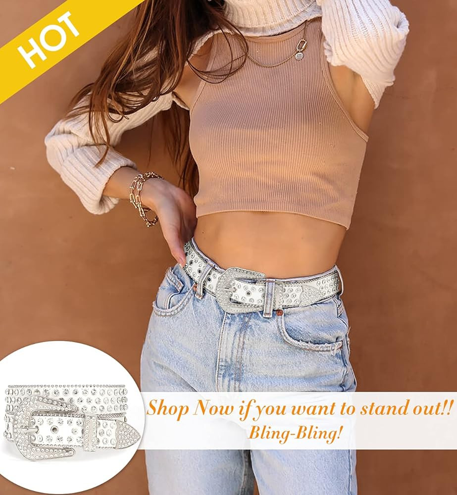 Rhinestone Belt for Women SUOSDEY Western Cowgirl Bling Studded Leather Belt for Jeans Pants | Amazon (US)