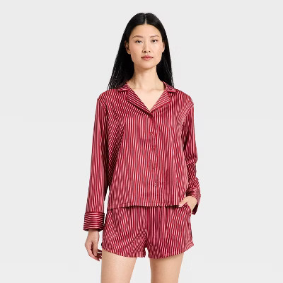 Women's Luxury Collection Satin Notch Collar Long Sleeve Shirt and Shorts Pajama Set - Auden™ | Target