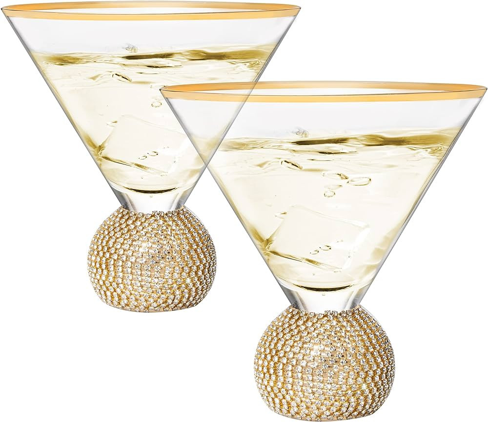 The Wine Savant Diamond Studded Martini Glasses Set of 2 Gold Rimmed Modern Cocktail Glass, Rhine... | Amazon (US)