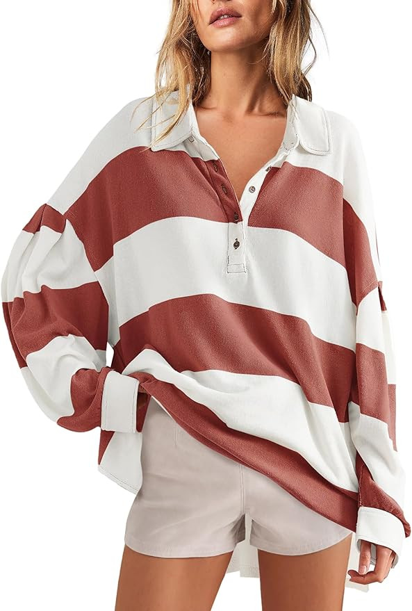 Panadila Womens Long Sleeve Striped Shirt Oversized Polo Shirts Casual V Neck T Shirt Loose Fit T... | Amazon (US)