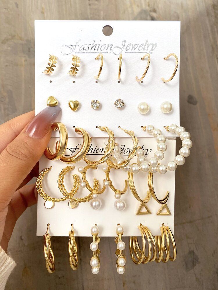 18pairs Faux Pearl & Rhinestone Decor Earrings | SHEIN