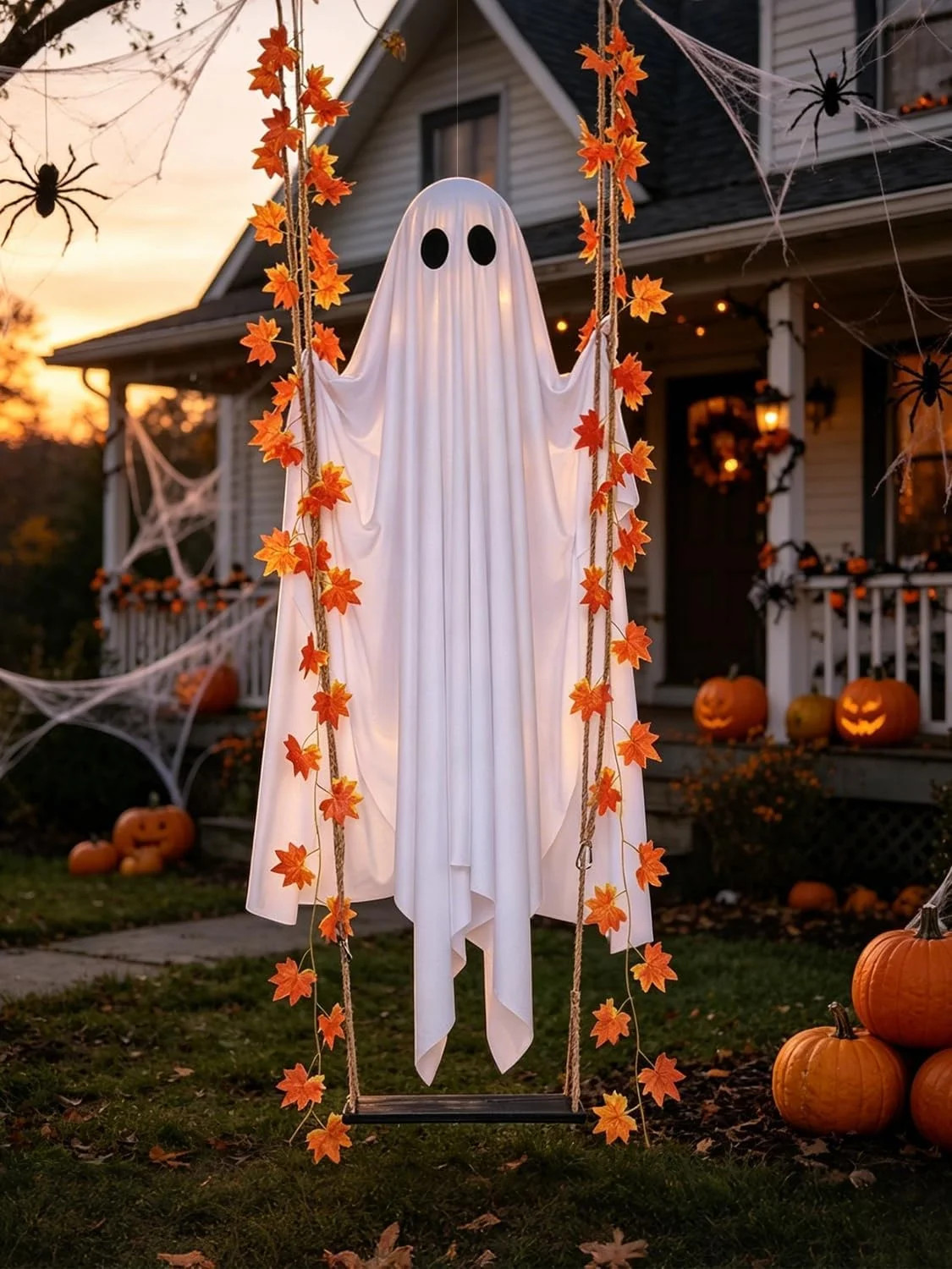 Lighted Swinging Ghost Halloween Decoration 4.4 FT, Large Outdoor Hanging Ghost with String Lights, Spooky Cute Yard Decoration for Porch, Tree, Garde | Wayfair North America