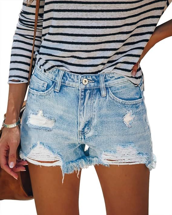 HOCAIES Women's Juniors Jean Shorts Frayed Raw Hem Ripped Denim Shorts for Women | Amazon (US)