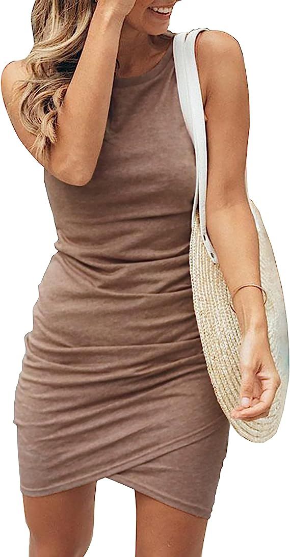 BTFBM Women Casual Dress Crew Neck Ruched Summer Sleeveless Tank Bodycon Shirt Short Mini Dresses | Amazon (US)