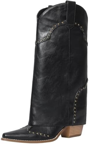 Women Cowboy for Women Cowgirl Knee High Western Fashion Shark Boots Fold Over Studded Chunky Hee... | Amazon (US)