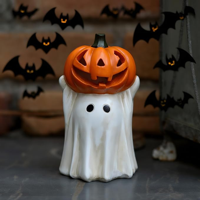 Halloween Ghost Decoration with Light-Up Jack-o'-Lantern Head,Cute Little White Ghost Holding Min... | Amazon (US)