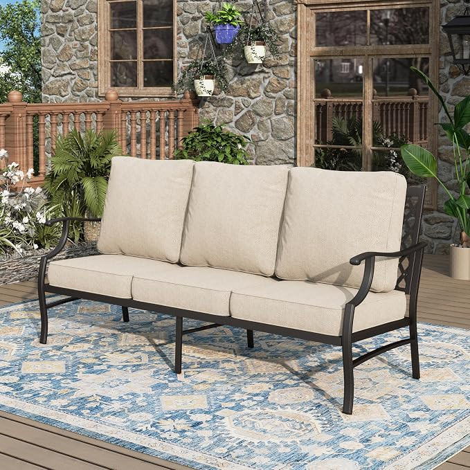 Patio Couch Metal 3-Seat Outdoor Sofa Deep Seating Outdoor Furniture Beige Cushion for Front Porc... | Amazon (US)