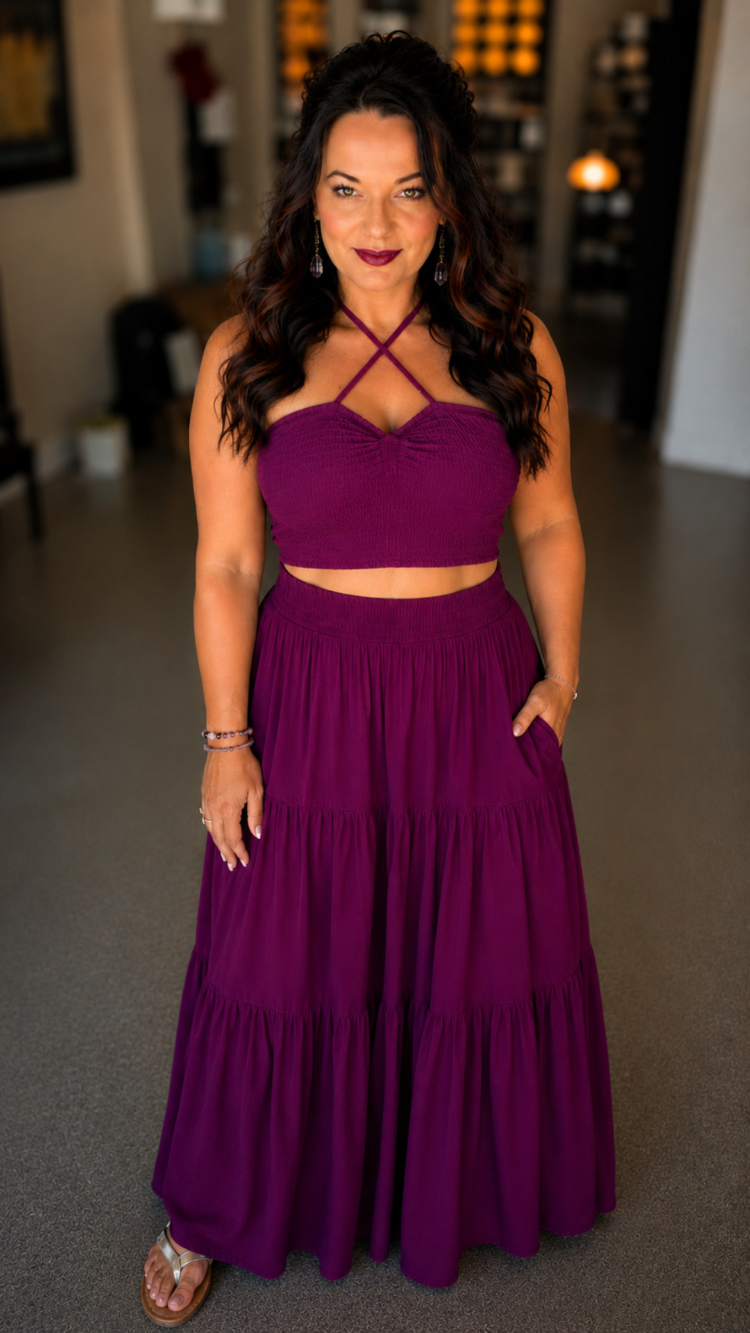 This deep plum two-piece set is giving everything. The criss-cross crop top and flowy tiered maxi skirt are such a gorgeous combination, and that rich jewel tone is perfect for summer evenings, outdoor events, or date nights when you want to turn heads without trying too hard. Plus size style does not have to be boring and this look is proof.  

 #LTKOver40 #LTKPlusSize
