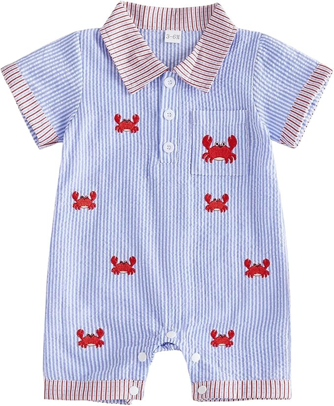 Newborn Baby Boy Summer Romper Embroidery Striped Short Sleeve Lapel Jumpsuit Outfit Summer Cloth... | Amazon (US)