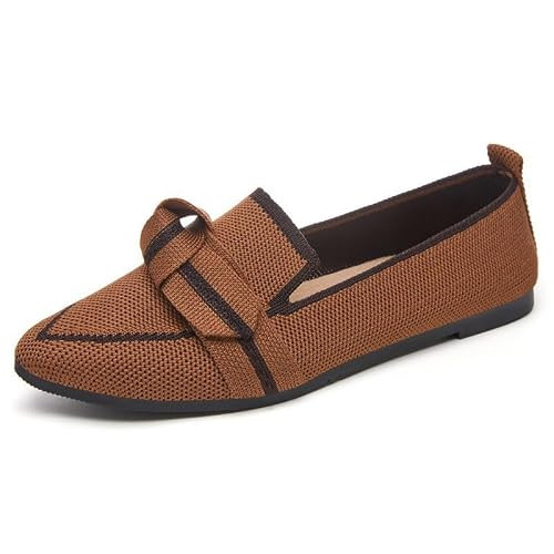 Women's Fashionable Knot Design Slip on Flats, Bow Contrast Trim Point Toe Loafers,Women's Flats Pointed Toe Bow Knit Ballet Shoes,Lightweight Breathable Fall Walking Shoes (Brown,7.5) | Amazon (US)