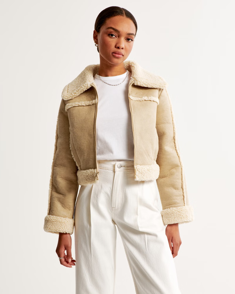 Women's Cropped Vegan Suede Shearling Jacket | Women's Coats & Jackets | Abercrombie.com | Abercrombie & Fitch (US)