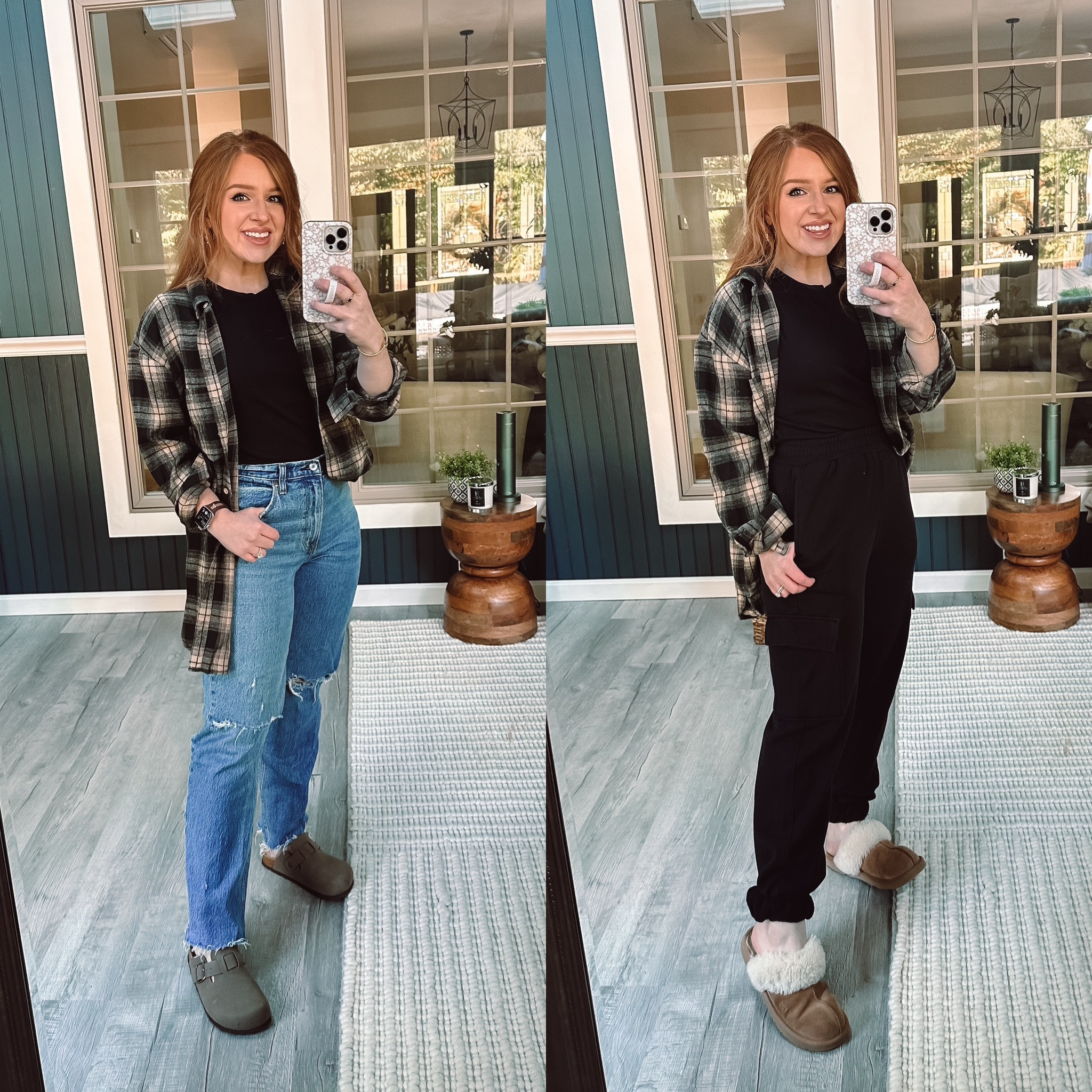 Comfy flannel in size small 
Cargo jogger sweatpants in size small 
Jeans size 28



#LTKMidsize #LTKSeasonal #LTKStyleTip