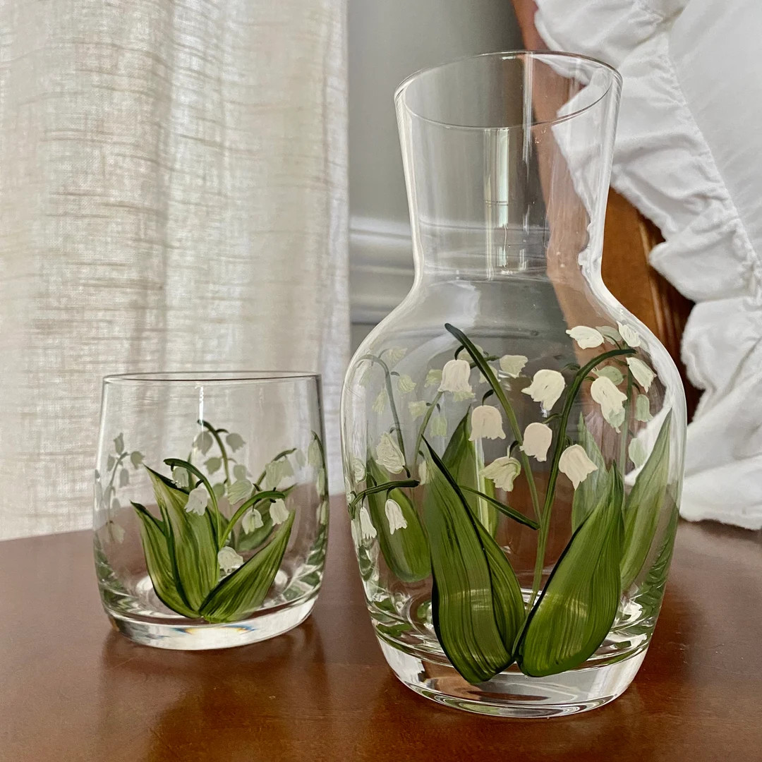 Lily of the Valley Bedside Water Carafe Set, Hand Painted Glass Carafe and Tumbler for Bedroom. N... | Etsy (US)