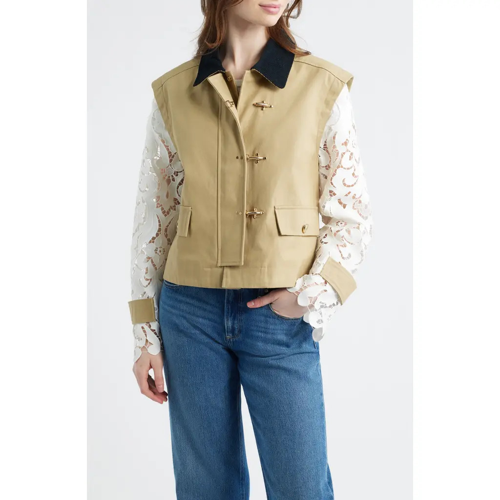 Hill House Home The Clarisse Lace Sleeve Barn Jacket in Khaki at Nordstrom, Size X-Small | Nordstrom