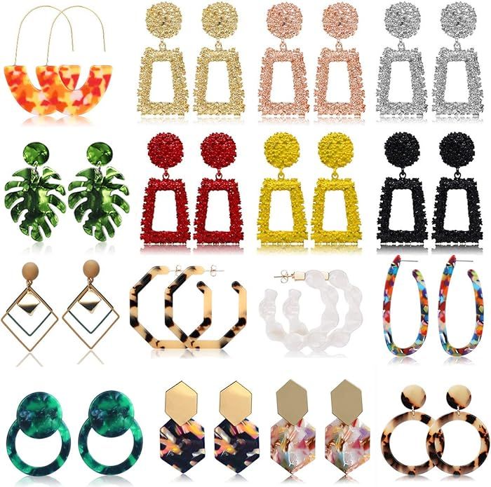 FIFATA 16 Pairs Fashion Earrings Set for Women Girls, Statement Acrylic Drop Earrings Large Metal... | Amazon (US)