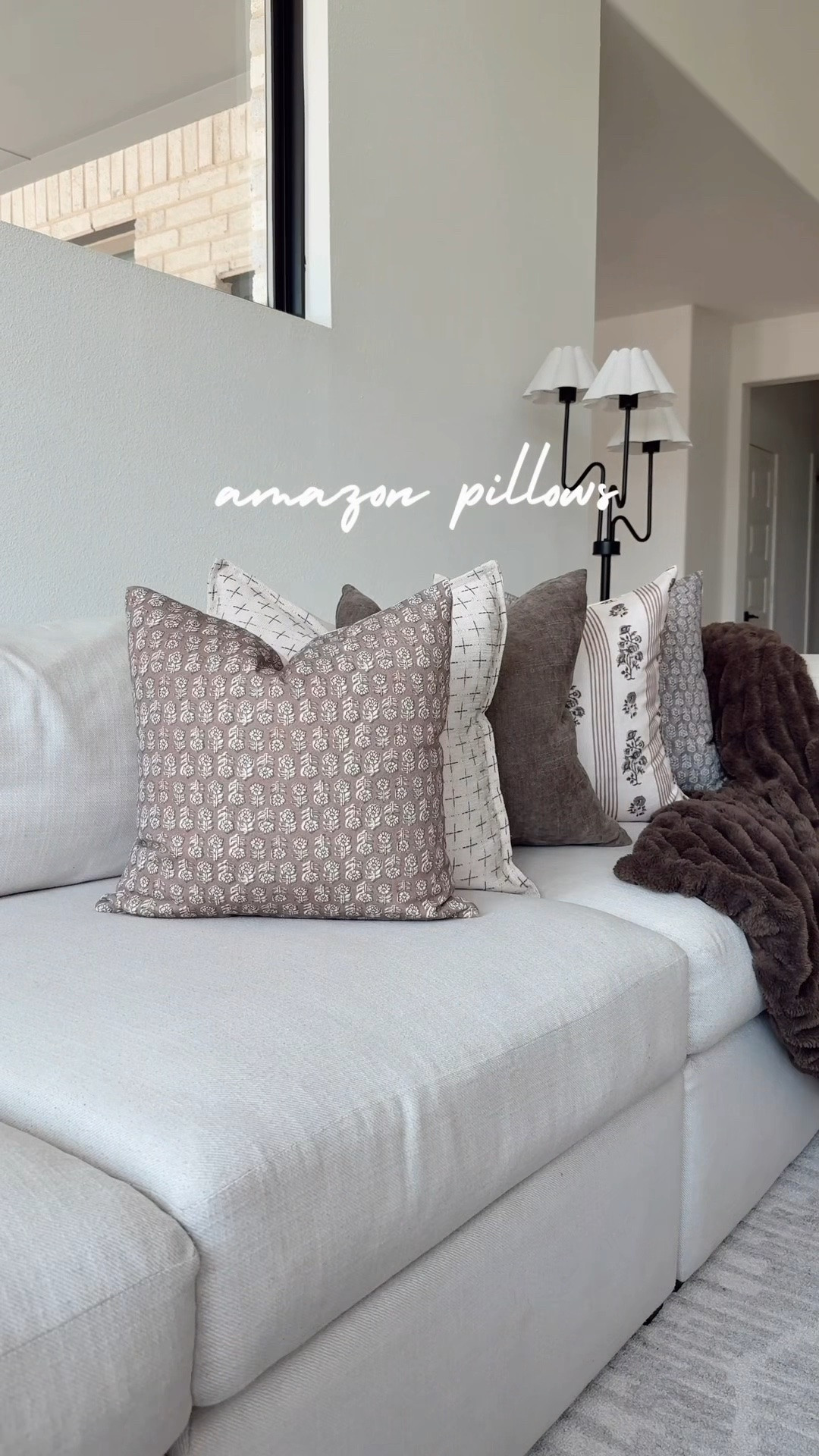 Fall pillow covers from Amazon. Design tip: use an insert one size larger than the cover for example, 20x20 pillow cover with 22x22 insert, for an oversized fit - shown here!