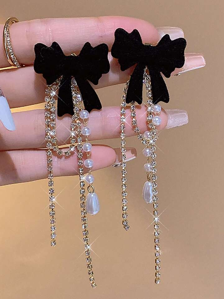 2pcs Black Bowknot Faux Pearl Pendant Earrings, Luxurious Rhinestone Chain Tassel Earrings, Long ... | SHEIN