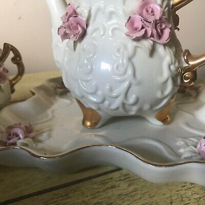 Cracker Barrel Porcelain Pink Roses Gold Cream White Tea Set set of 4 | eBay US