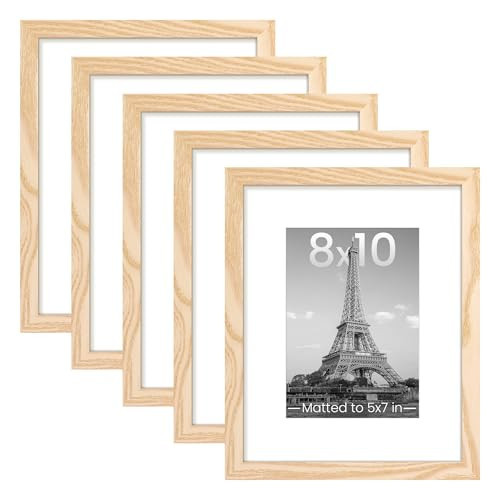 upsimples 8x10 Picture Frame Set of 5, Display Pictures 5x7 with Mat or 8 x 10 Without, Wall Gallery Photo Frames, Natural | Amazon (US)