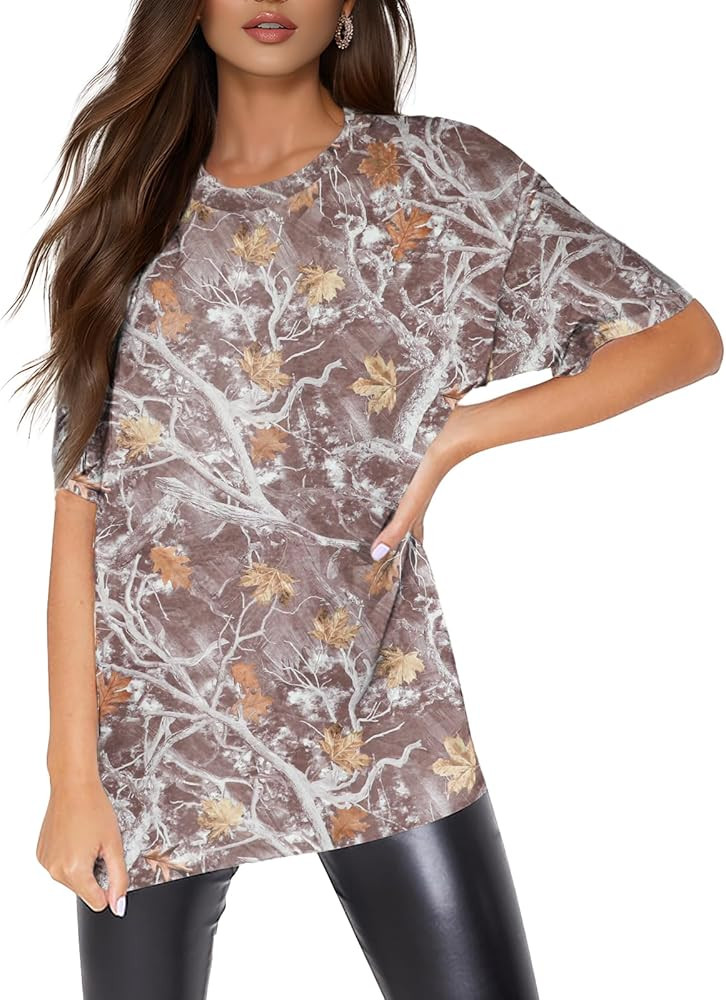 Women Camo T Shirts Oversized Trendy Short Sleeve Tree Leaf Tees Camouflage Graphic Summer Tops | Amazon (US)