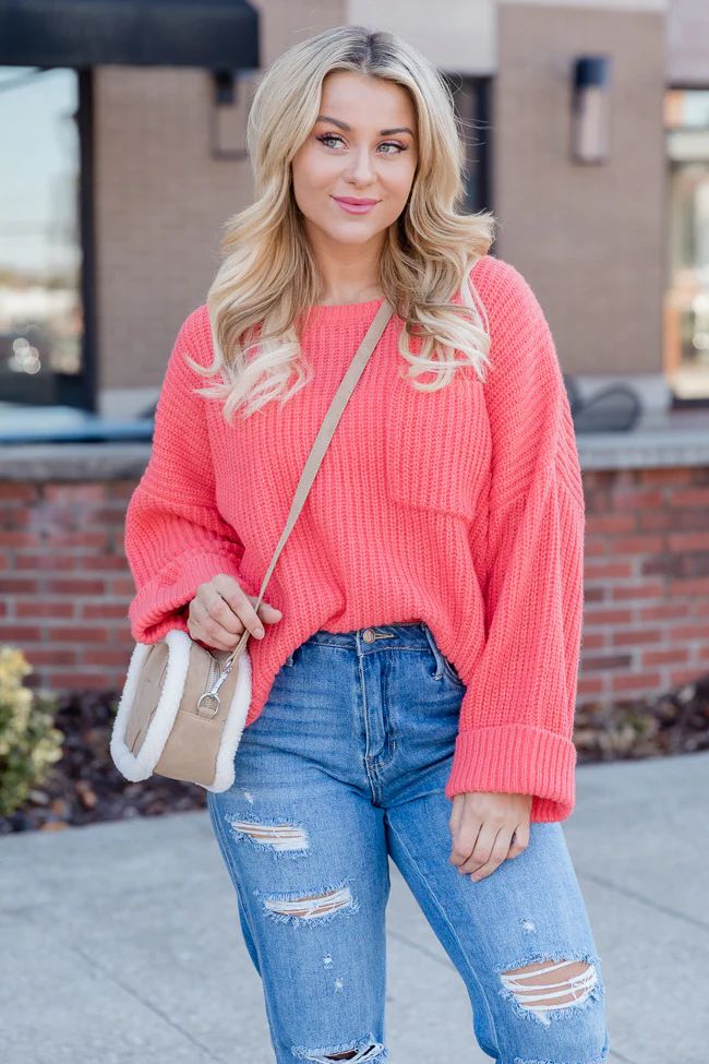Piece Of Cake Coral Oversized Pocket Sweater | Pink Lily