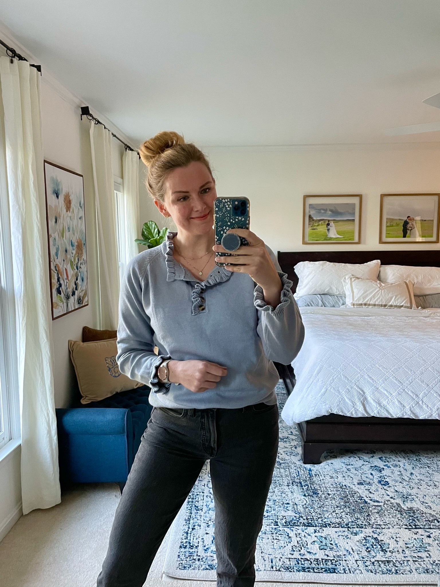 Ruffled sweater top is a new Amazon find. Nice weight to the sweater & it’s soft. Wearing my normal size & comes in lots of colors.

Washed black jeans are a year round staple for me. Stretchy and I get my normal size. It you like a tight fit size down one. Currently on sale thru March 12!

#LTKunder50 #LTKFind #LTKSale