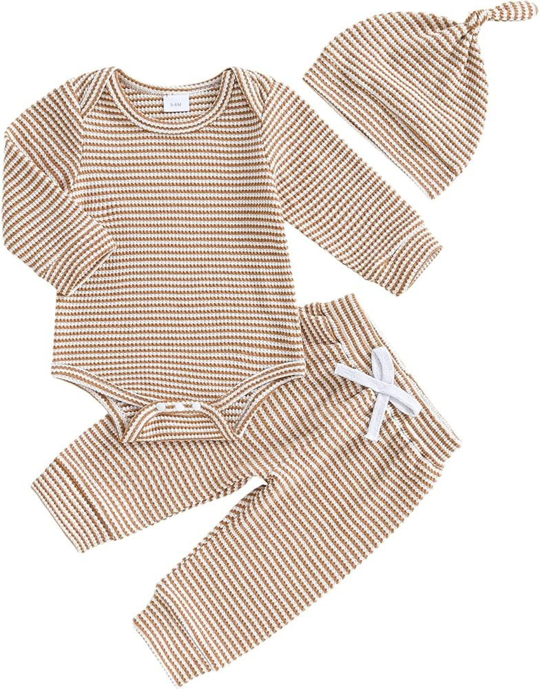 fhutpw Baby Boy Clothes 3 6 9 12 Months Striped Long Sleeve Romper Tops + Pants + Hat 3Pcs Infant... | Amazon (US)