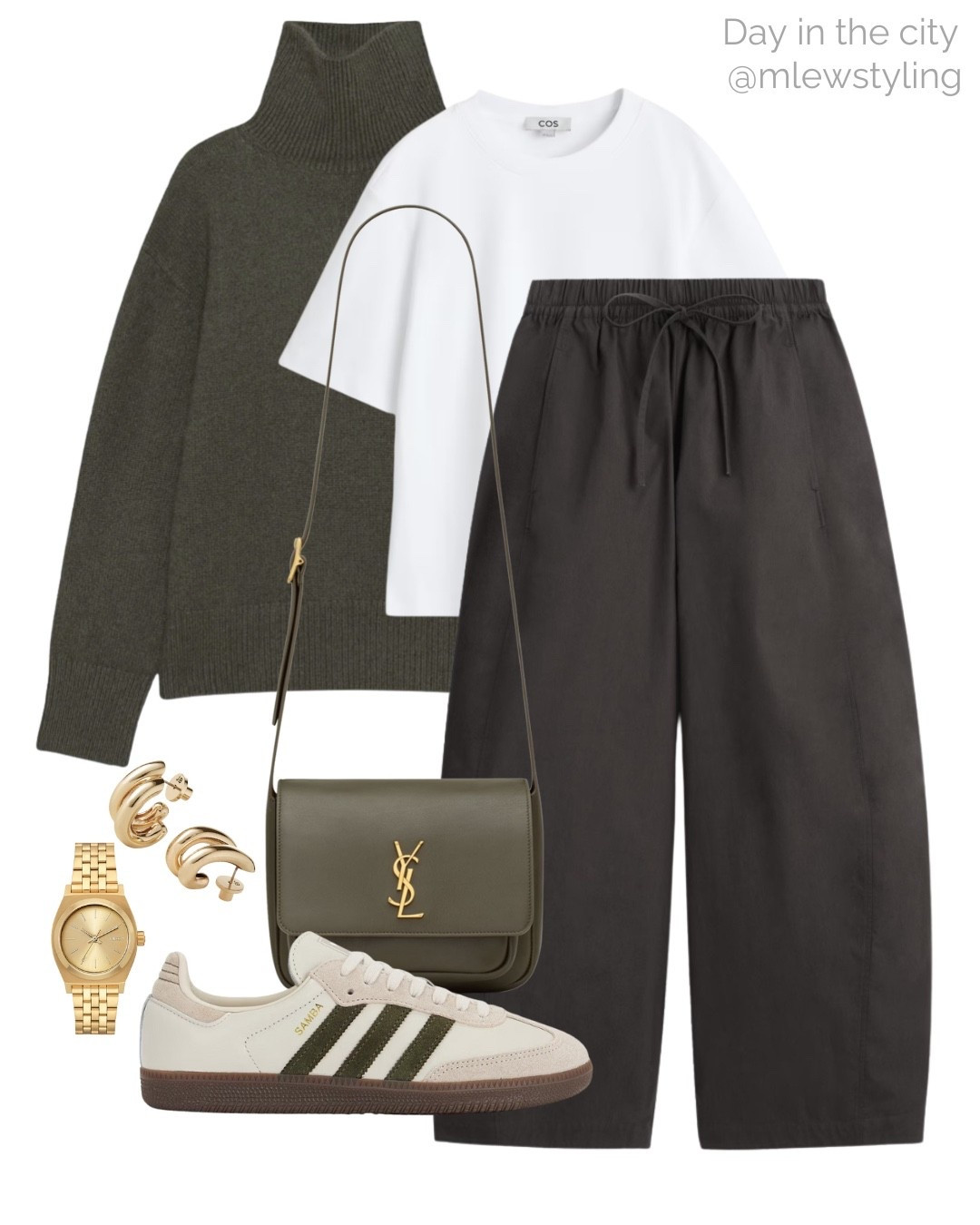 Outfit for a day in the city 🫒

Tags: winter outfit, olive green turtleneck, aritzia cashmere sweater, COS barrel leg pants, white tee, adidas samba sneakers, green ysl shoulder bag, Nixon gold watch, Mejuri gold earrings 

#LTKFindsUnder100 #LTKTravel #LTKSeasonal