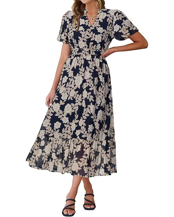 Simplee Womens Summer Boho Floral Midi Dress Casual Beach Wedding Guest Chiffon A Line Belted Lon... | Amazon (US)