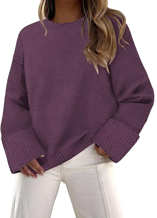 Women's Fuzzy Knit Sweaters Trendy Crewneck Pullover Tops Fall Winter Fashion Outfits | Amazon (US)