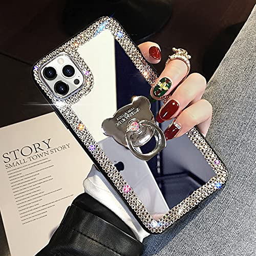LUVI Compatible with iPhone 16 Pro Max Mirror Case Bling for Women Girls with Ring Stand Cute Glitter Diamond Rhinestone Holder Finger Kickstand Luxury Fashion Cover Silver | Amazon (US)