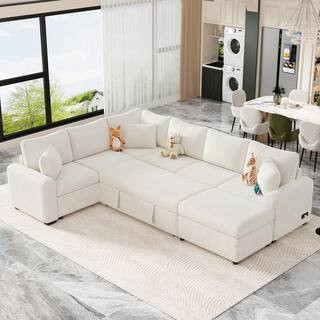 112 in. Chenille Sectional Sofa in Cream with Pull-out Sofa Bed Sleeper, Storage Ottoman, 3 Pillows and Charging Devices | The Home Depot