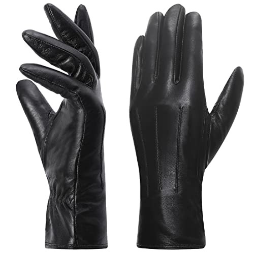 Harssidanzar Leather Gloves For Womens',Womens Leather Gloves Winter Warm Fleece Lining Touchscreen Vintage Finished GL018,Black, Size XXL | Amazon (US)
