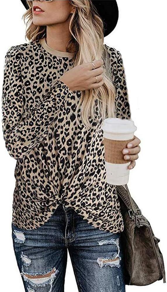 Women's Casual Cute Shirts Leopard Print Tops Basic Long Sleeve Soft Blouses Fashion Twist T-Shir... | Amazon (US)